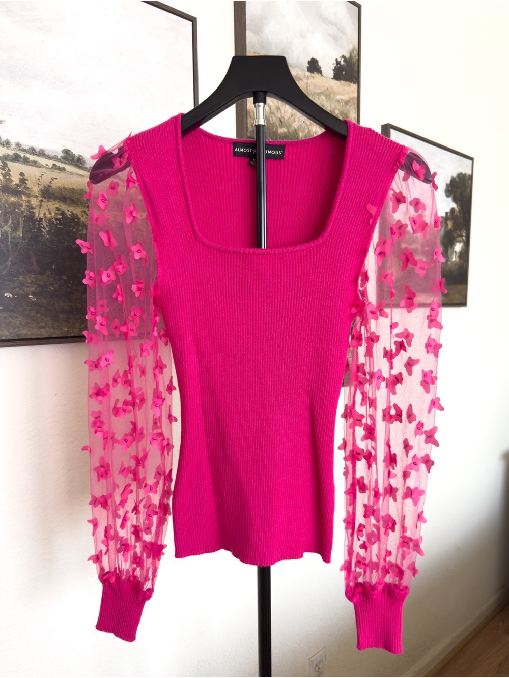 Fuchsia Square Neck with Sheer 3D Floral Sleeves Sweater